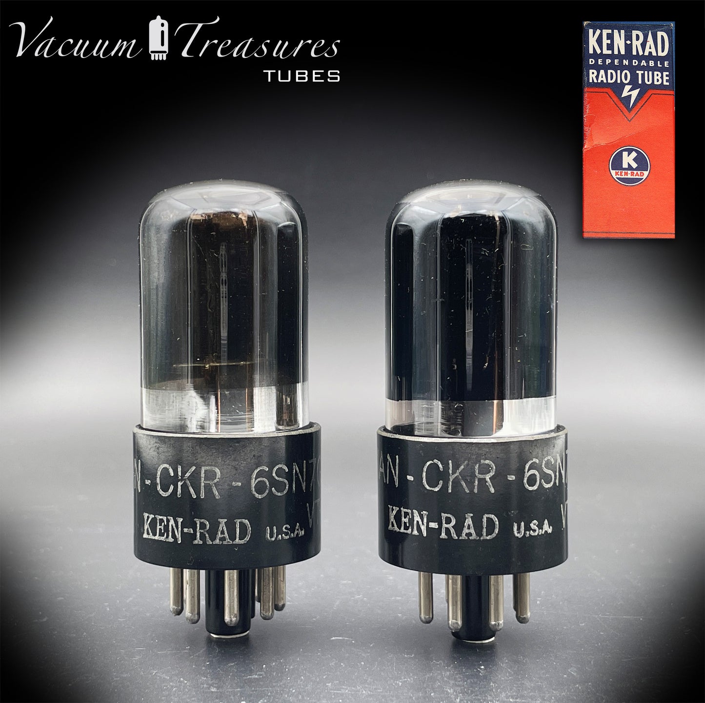 6SN7GT VT-231 KEN-RAD Black Plates Black Glass Foil Getter – Matched Pair – Made in USA anni ’40