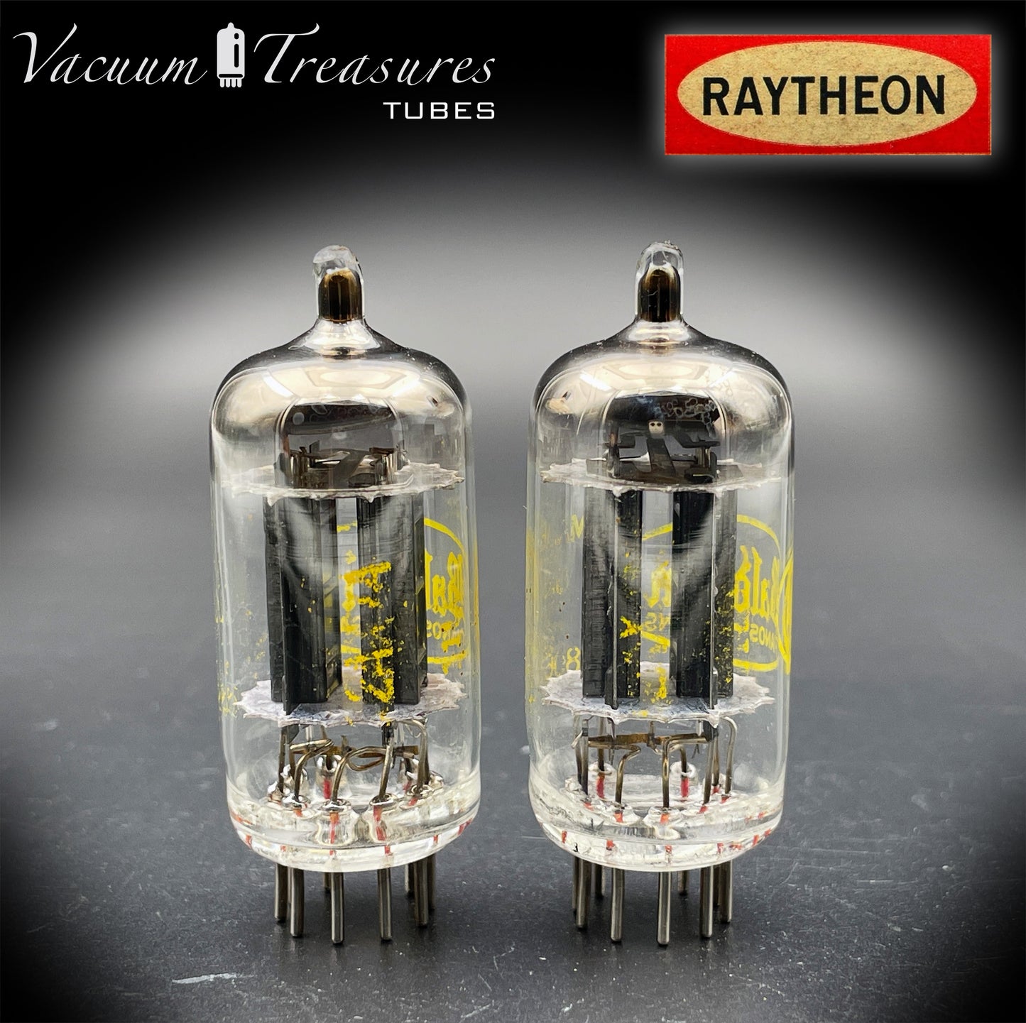 12AX7A ECC83 Baldwin RAYTHEON Matched Pair Tubes – Long Black Plates Halo Getter USA 1960s
