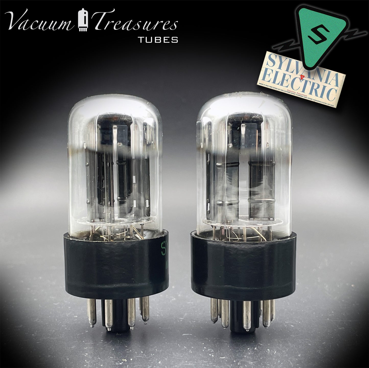 6SN7GTB NOS SYLVANIA CHROME TOP Green Dot Matched Pair Black Plates Tubes USA '50s