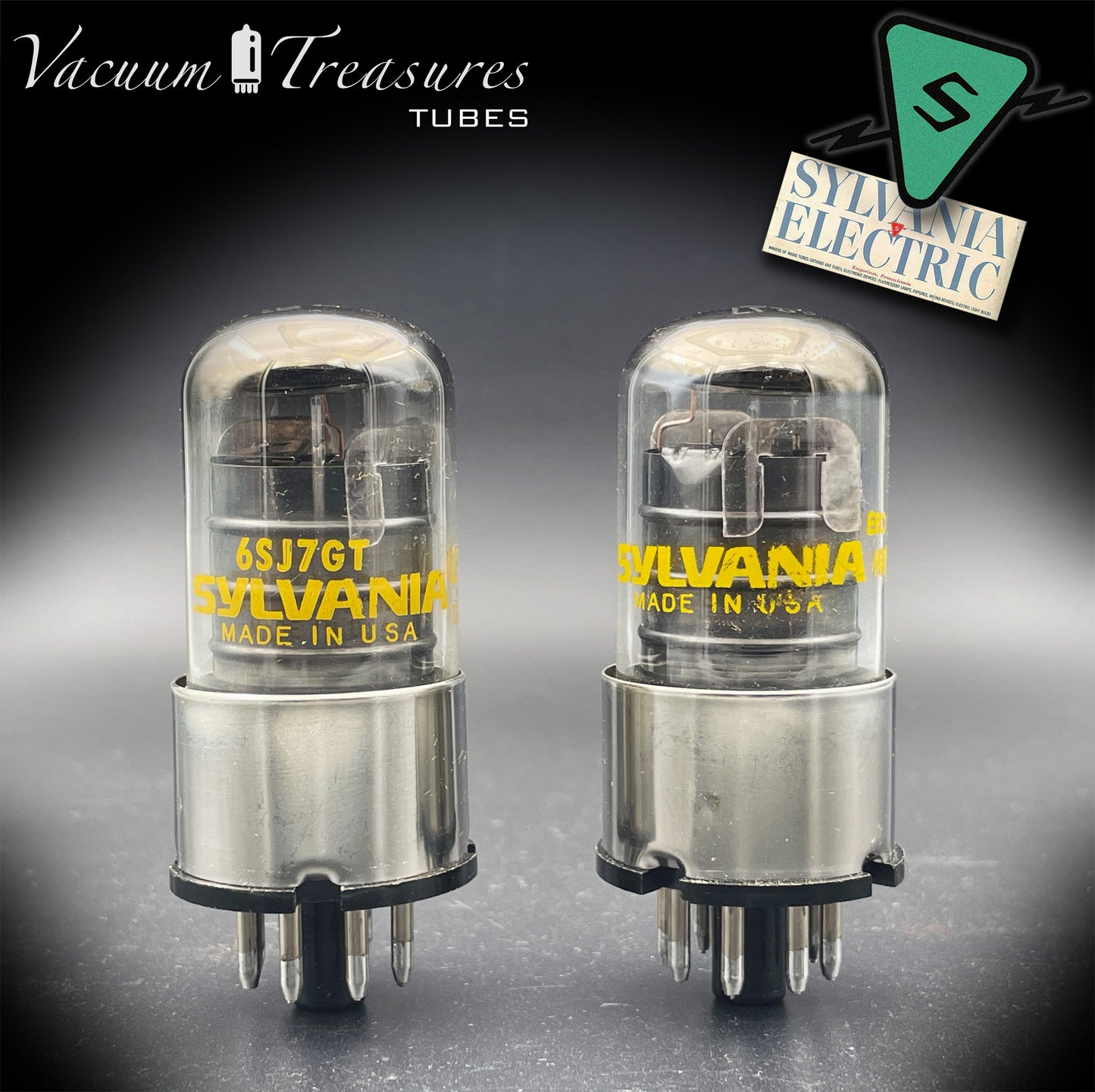 6SJ7GT SYLVANIA Matched Pair Metal Base Black Plates Halo Getter Made in USA '60s