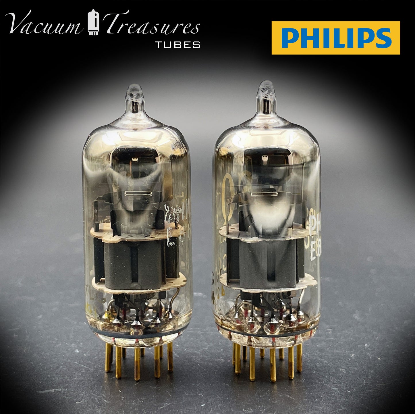 E88CC ( 6922 ) PHILIPS Special Quality Matched Pair Halo Getter Gold Pin Tubes Made in Holland '60s