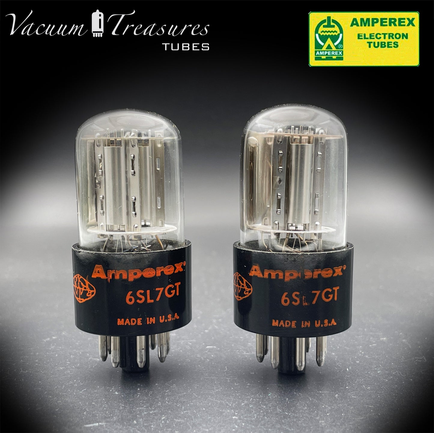 6SL7GT AMPEREX GLOBE Matched Pair Silver Plates Side Halo Getter Tubes USA 60s