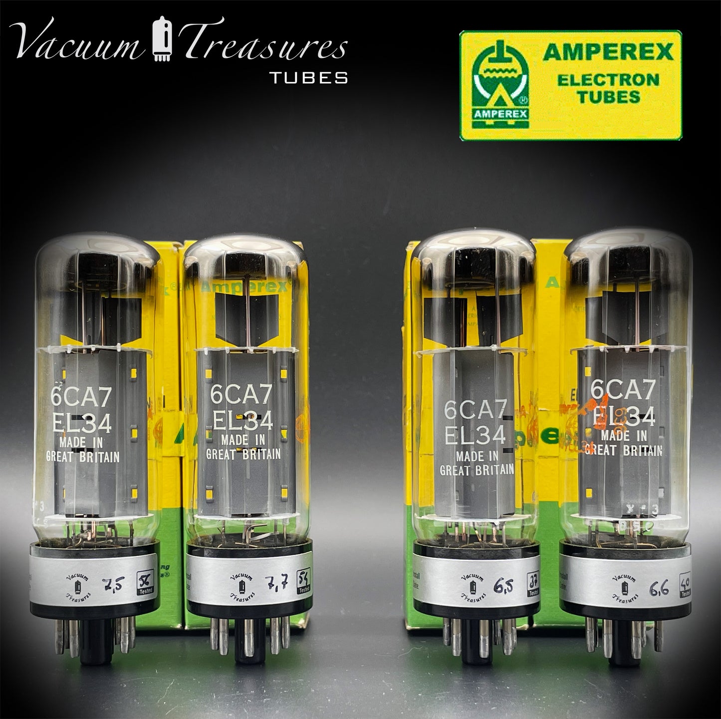 6CA7 ( EL34 ) AMPEREX NOS NIB by Mullard Xf3 Halo Getter Matched Tubes Made in GT. Britain