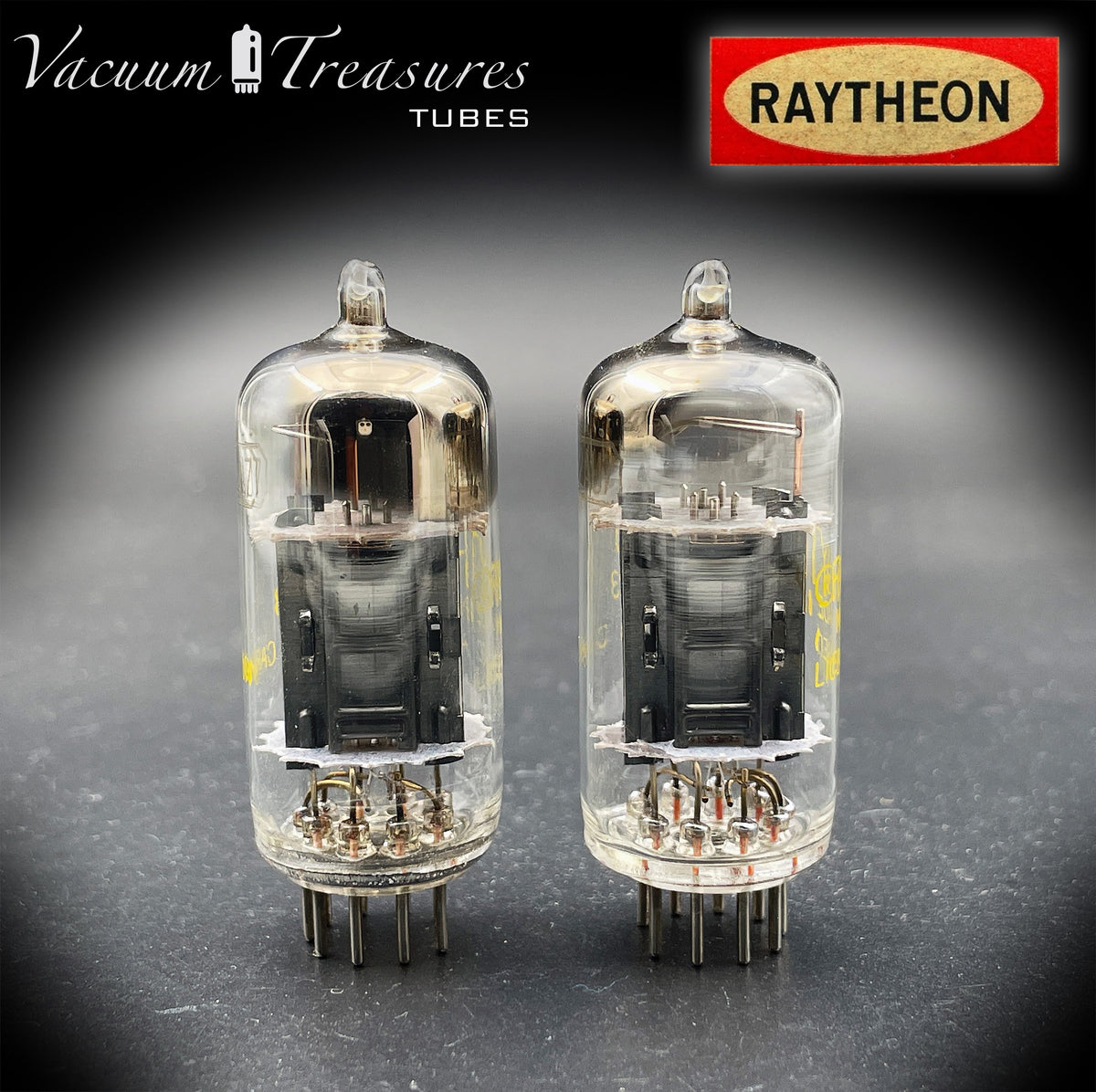 12AU7 / ECC82 RAYTHEON Matched Pair Long Black Plate Square Getter Tested Tubes USA '57