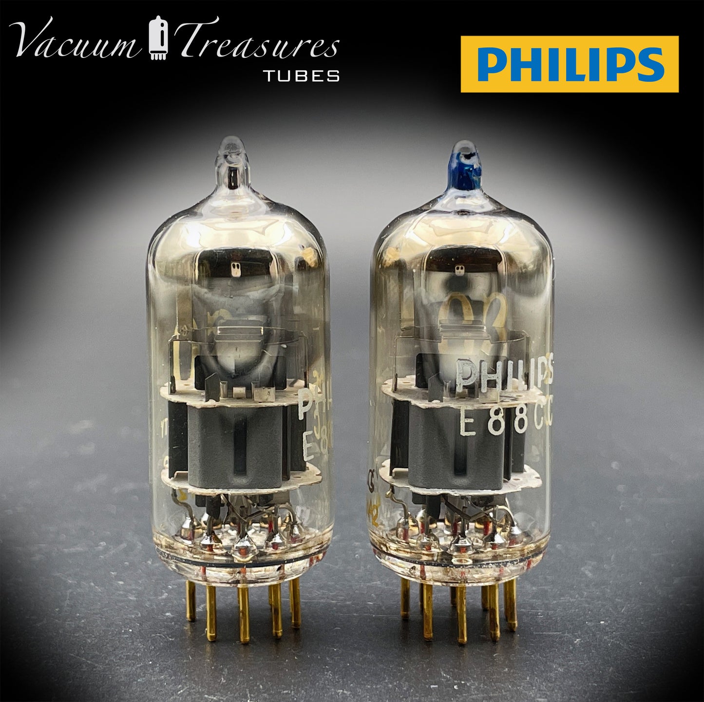 E88CC ( 6922 ) PHILIPS Special Quality Matched Pair Halo Getter Gold Pin Tubes Made in Holland '63