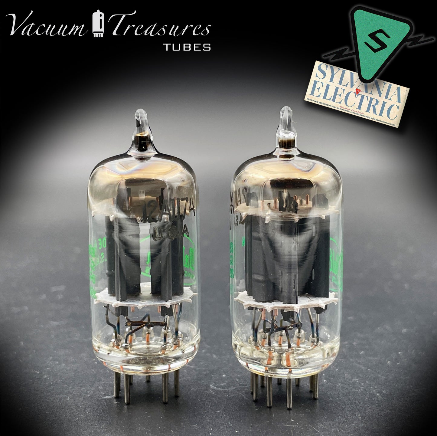 12AU7A / ECC82 NOS Baldwin by Sylvania Matched Pair Long Gray Plates Halo Getter Tubes USA '63