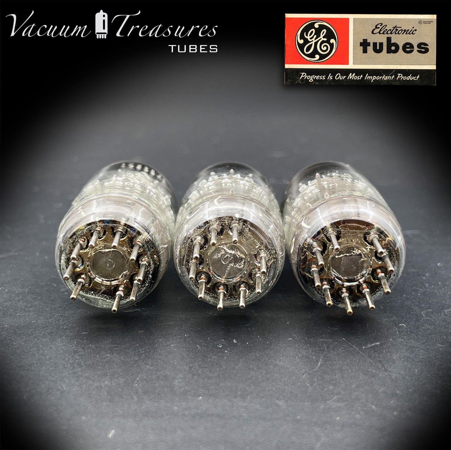 5814A / 12AU7WA / E82CC GE Five Stars Matched Trio Gray Plates Disc Getter Made in USA '66