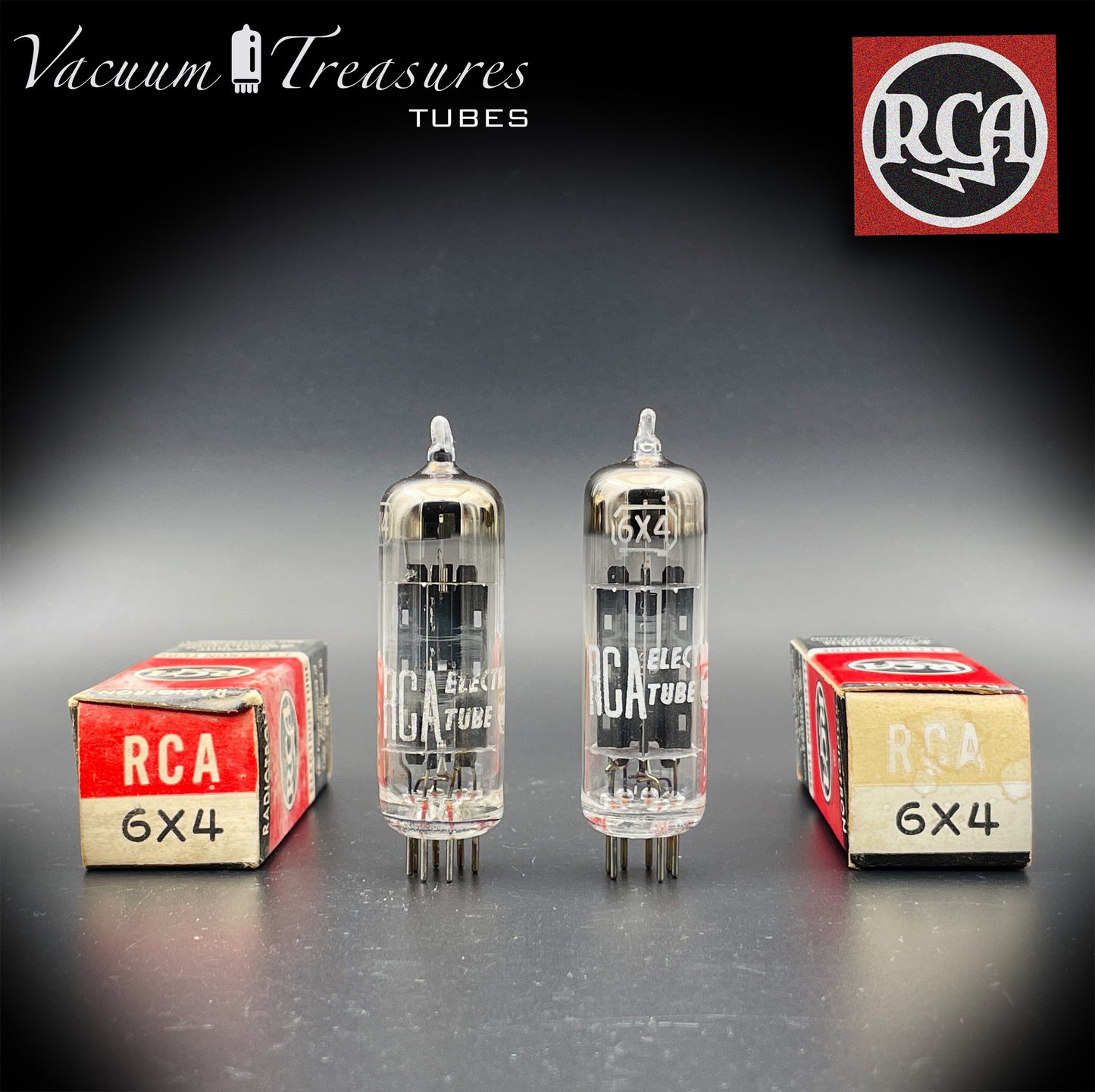 6X4 ( EZ90 ) NOS NIB RCA Black Plates Foil Getter Matched Pair Tubes Rectifiers Made in USA '50s