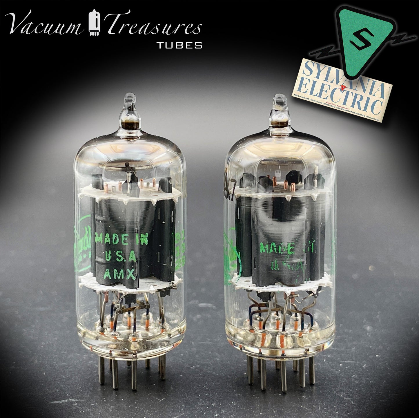 12AX7 ECC83 NOS Baldwin by SYLVANIA – Matched Pair – Long Gray Plates Halo Getter USA 1951