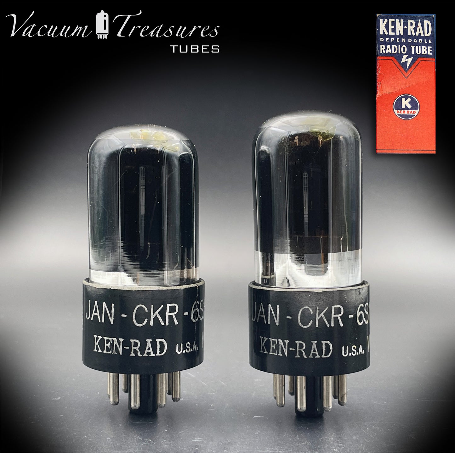 6SN7GT VT-231 KEN-RAD Black Plates Black Glass Foil Getter – Matched Pair – Made in USA anni ’40