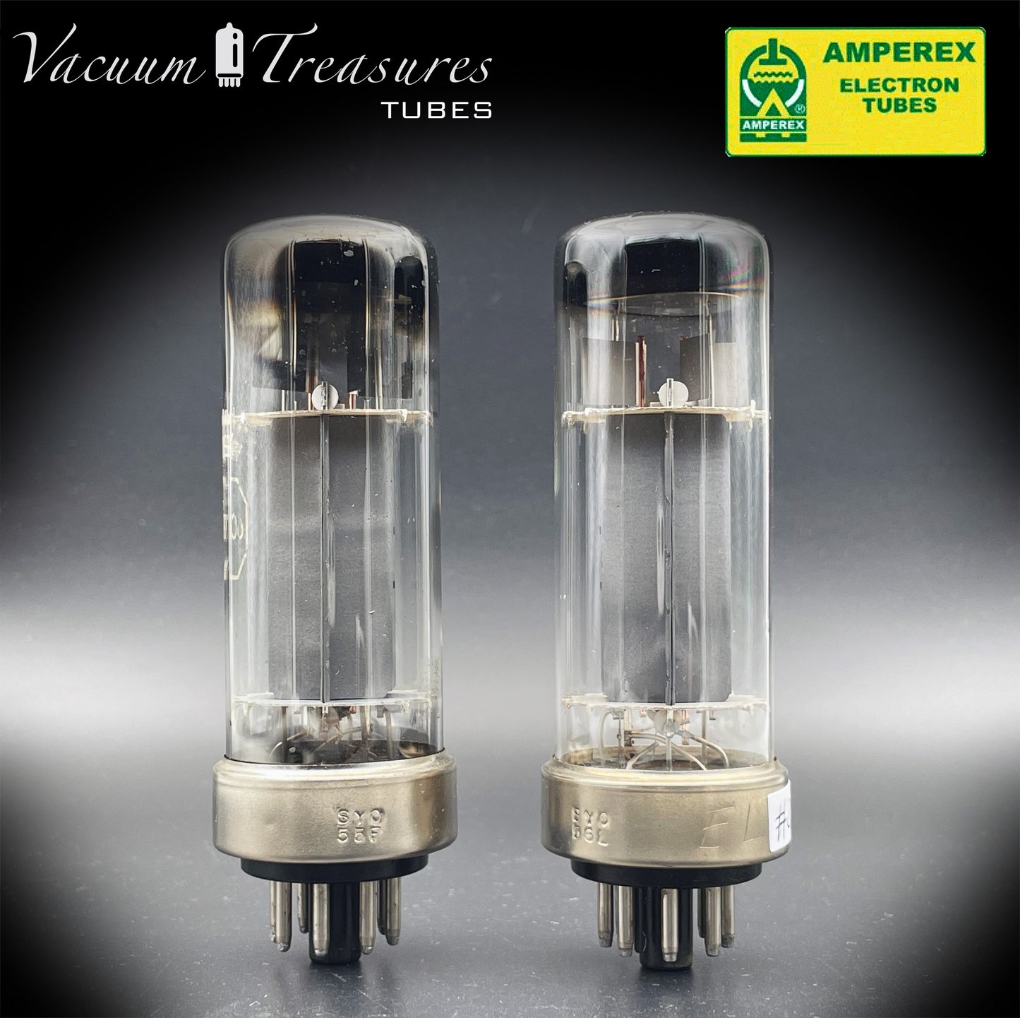 6CA7 EL34 AMPEREX by PHILIPS Eindhoven Metal Base ’55 One-Piece Disc Getter Matched Pair Amplitrex Tested Curves Included