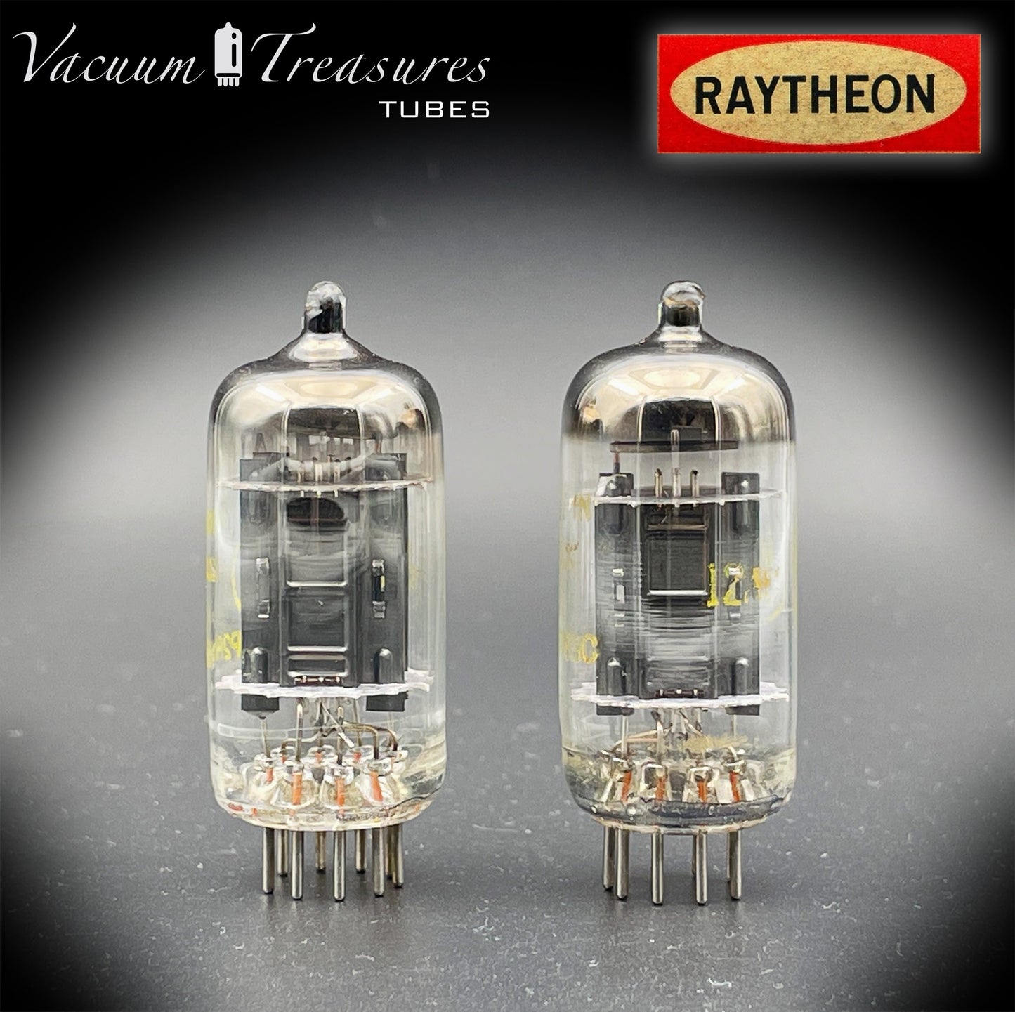 12AU7 ( ECC82 ) NOS RAYTHEON for Baldwin Long Black Plates Halo Getter Matched Tubes Made in USA '59