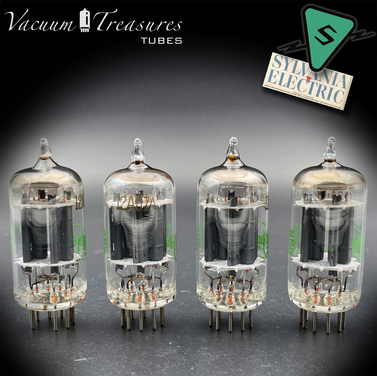 12AU7A / ECC82 NOS Baldwin by SYLVANIA Long Gray Plates Halo Getter Matched Quad Tubes Made in USA '60s