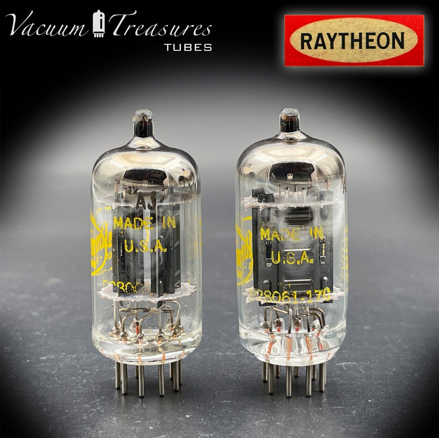 12AU7A / ECC82 NOS Baldwin by RAYTHEON Matched Pair Tubes Long Black Plates Halo Getter Made in USA '61