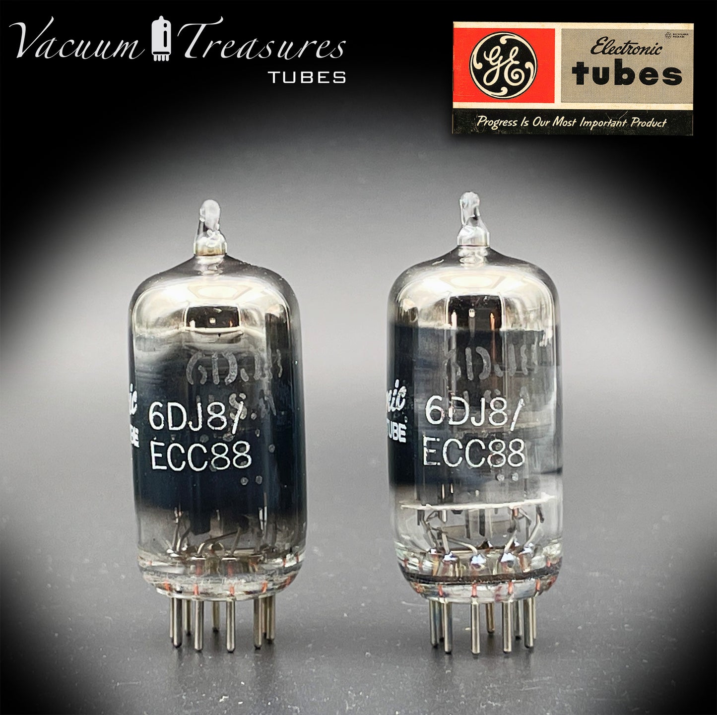 ECC88 ( 6DJ8 ) GE NOS NIB Black Glass Halo Getter Matched Pair Tubes Made in USA