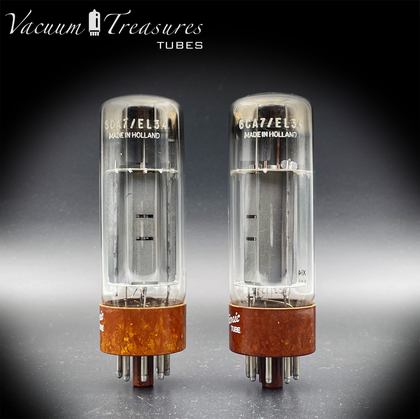 6CA7 EL34 GE Xf4 Philips/MBLE Brown Base DD-Getter NOS NIB Matched Pair Made in Holland '61
