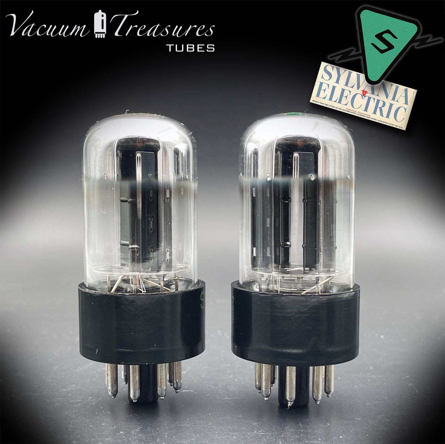 6SN7GTB NOS SYLVANIA CHROME TOP Green Dot Matched Pair Black Plates Tubes USA '50s