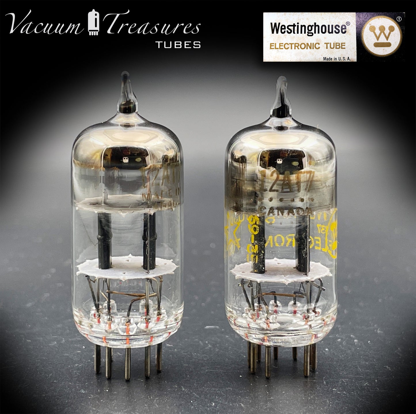 12AT7 / ECC81 Westinghouse Black Plates Halo Getter Matched Pair – Tested STRONG – Made in Canada '69