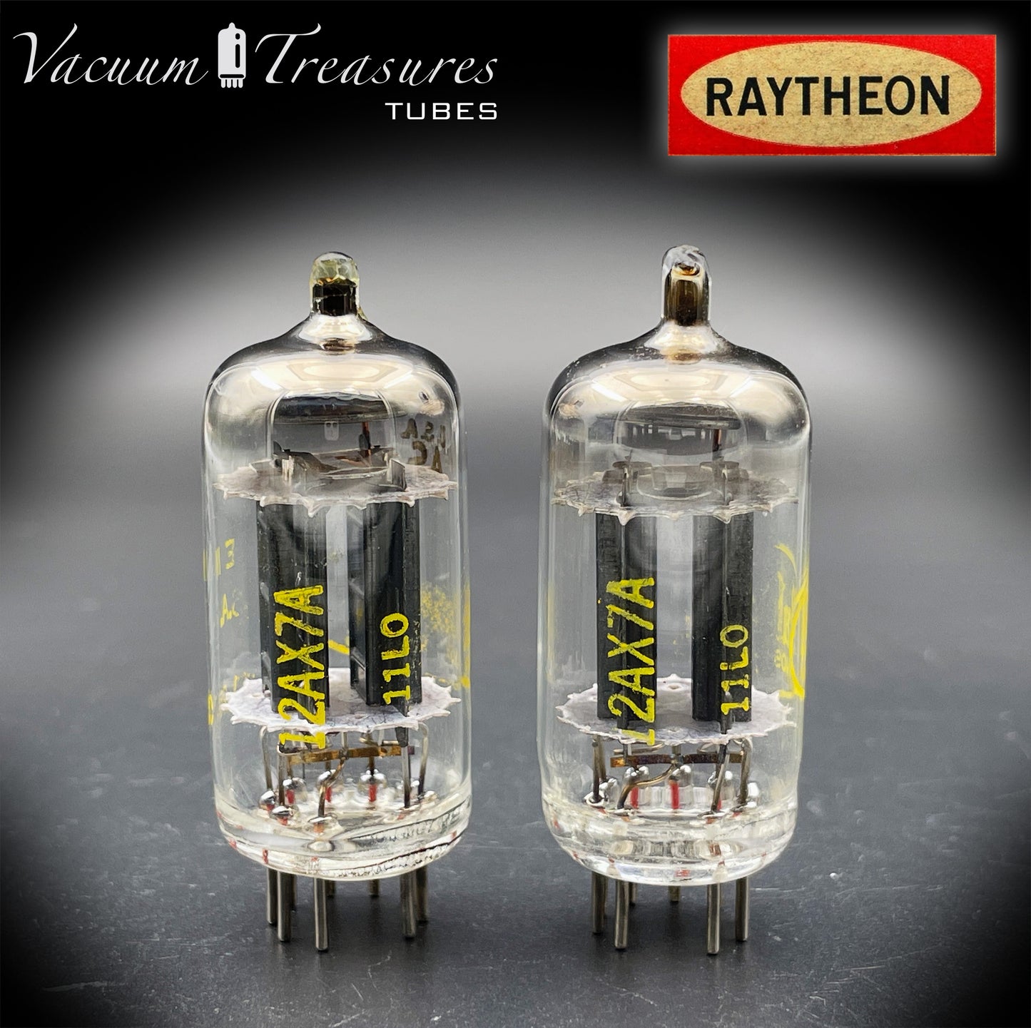12AX7A ECC83 Baldwin Raytheon Matched Pair Tubes – Long Black Plates Halo Getter USA 1960s