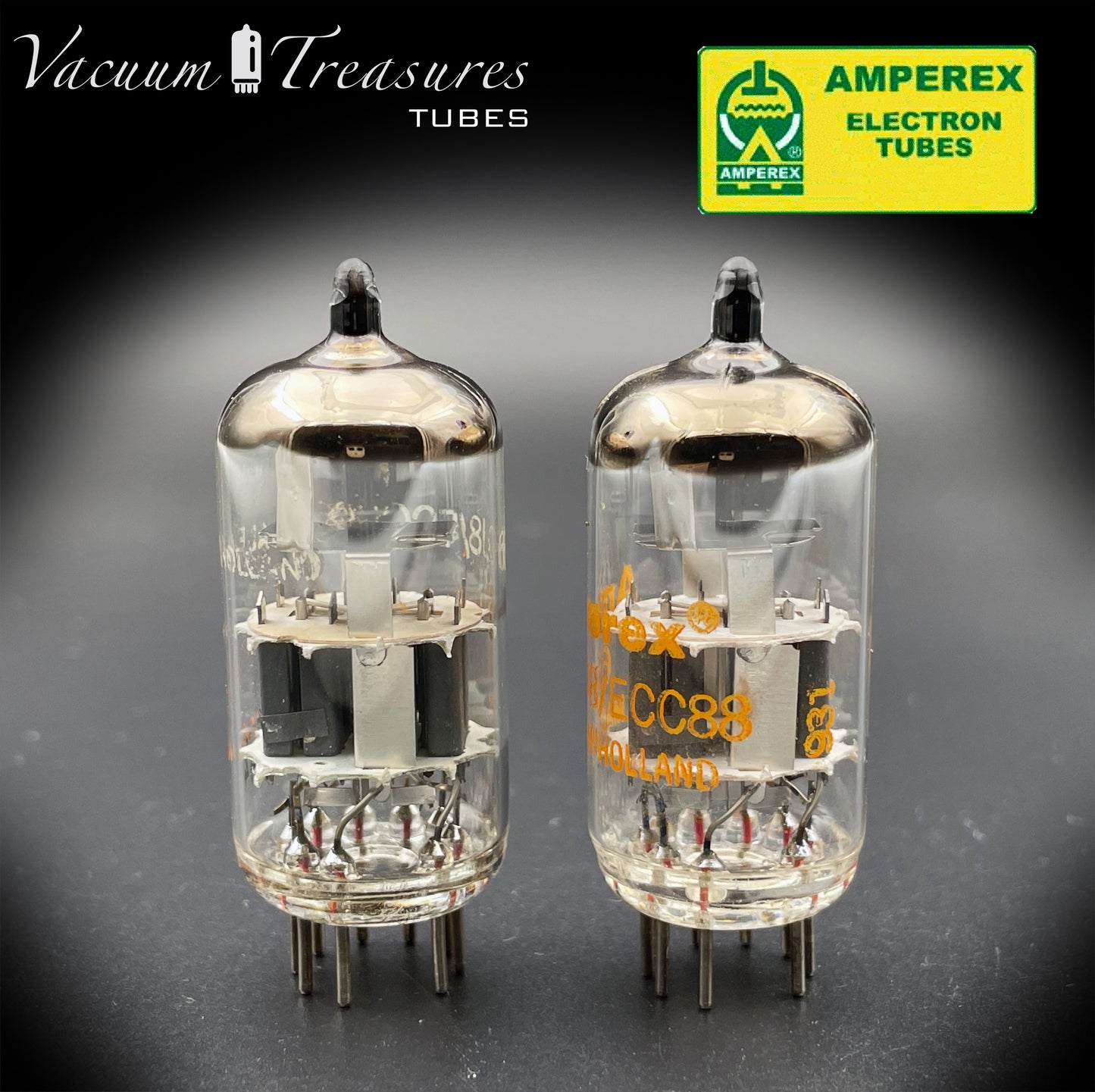 ECC88 ( 6DJ8 ) AMPEREX Dimpled Disc Getter Matched Pair Tubes Made in HOLLAND '69