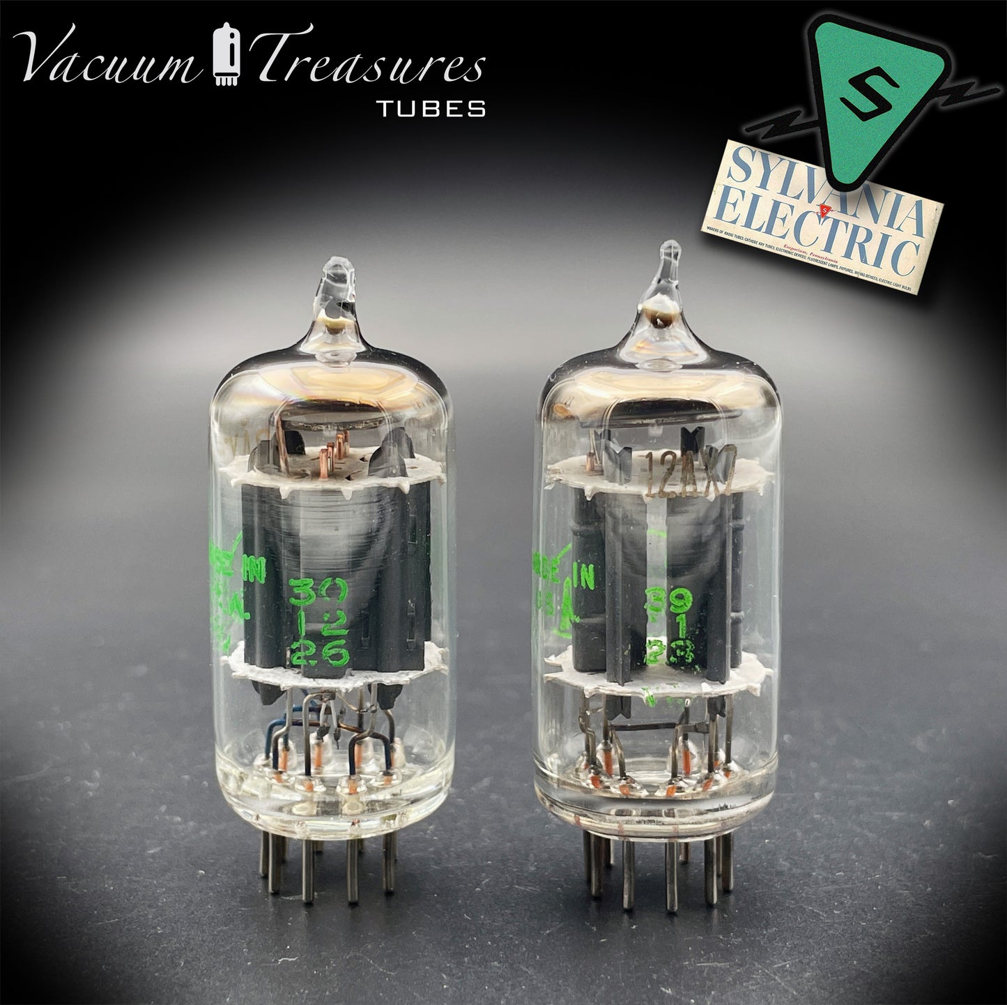 12AX7 ECC83 Baldwin by SYLVANIA – Tested Pair – Long Gray Plates Halo Getter Made in USA