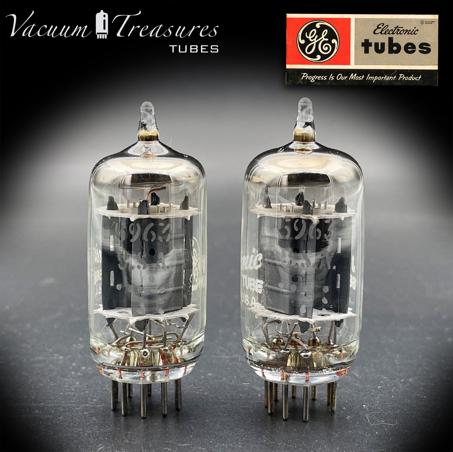 5963 / 12AU7 / ECC82 GE NOS Matched Pair - Long Gray Plates - AMPLITREX Tested - Made in USA