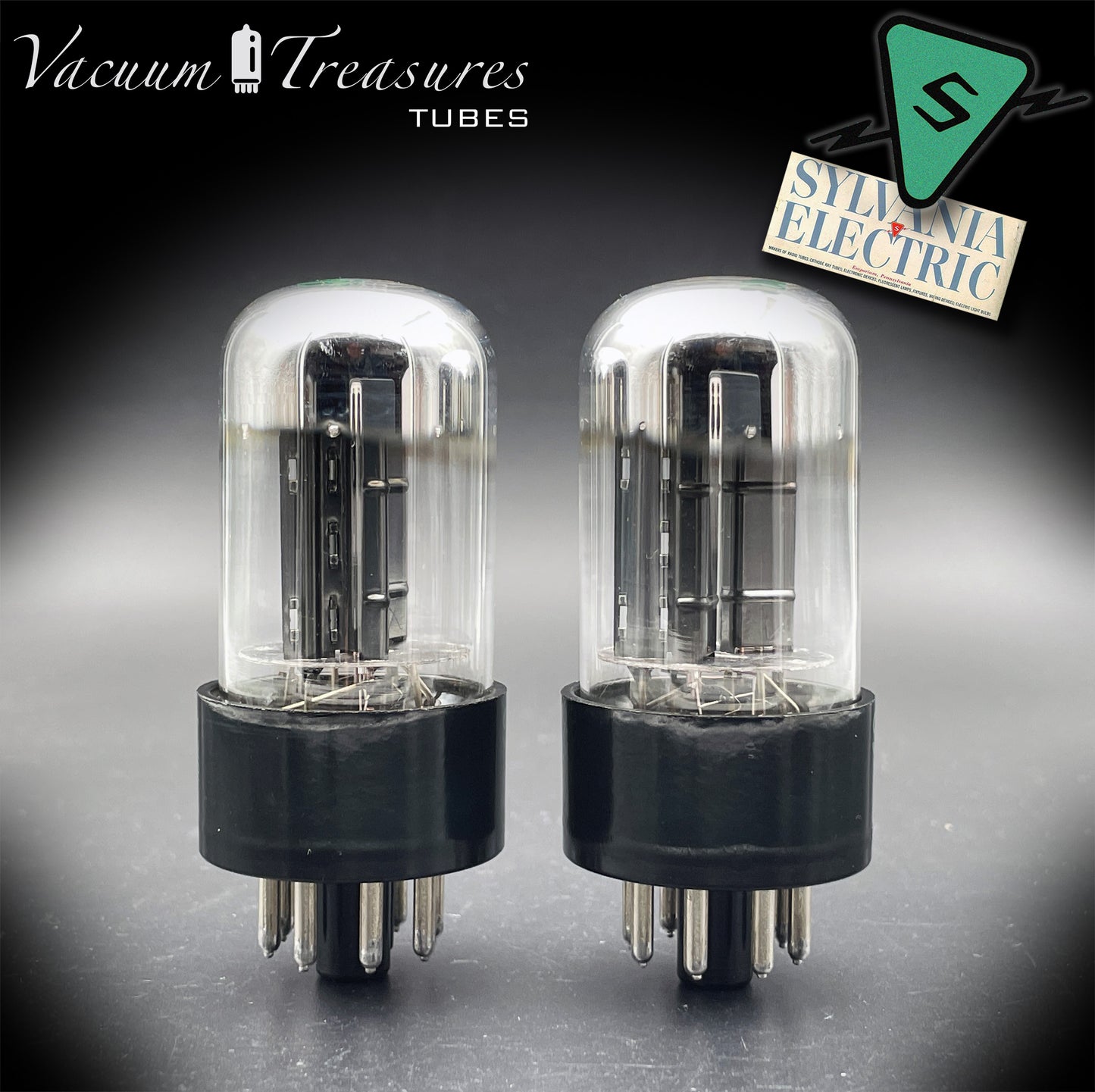 6SN7GTB NOS SYLVANIA CHROME TOP Green Dot Matched Pair Black Plates Tubes USA '50s