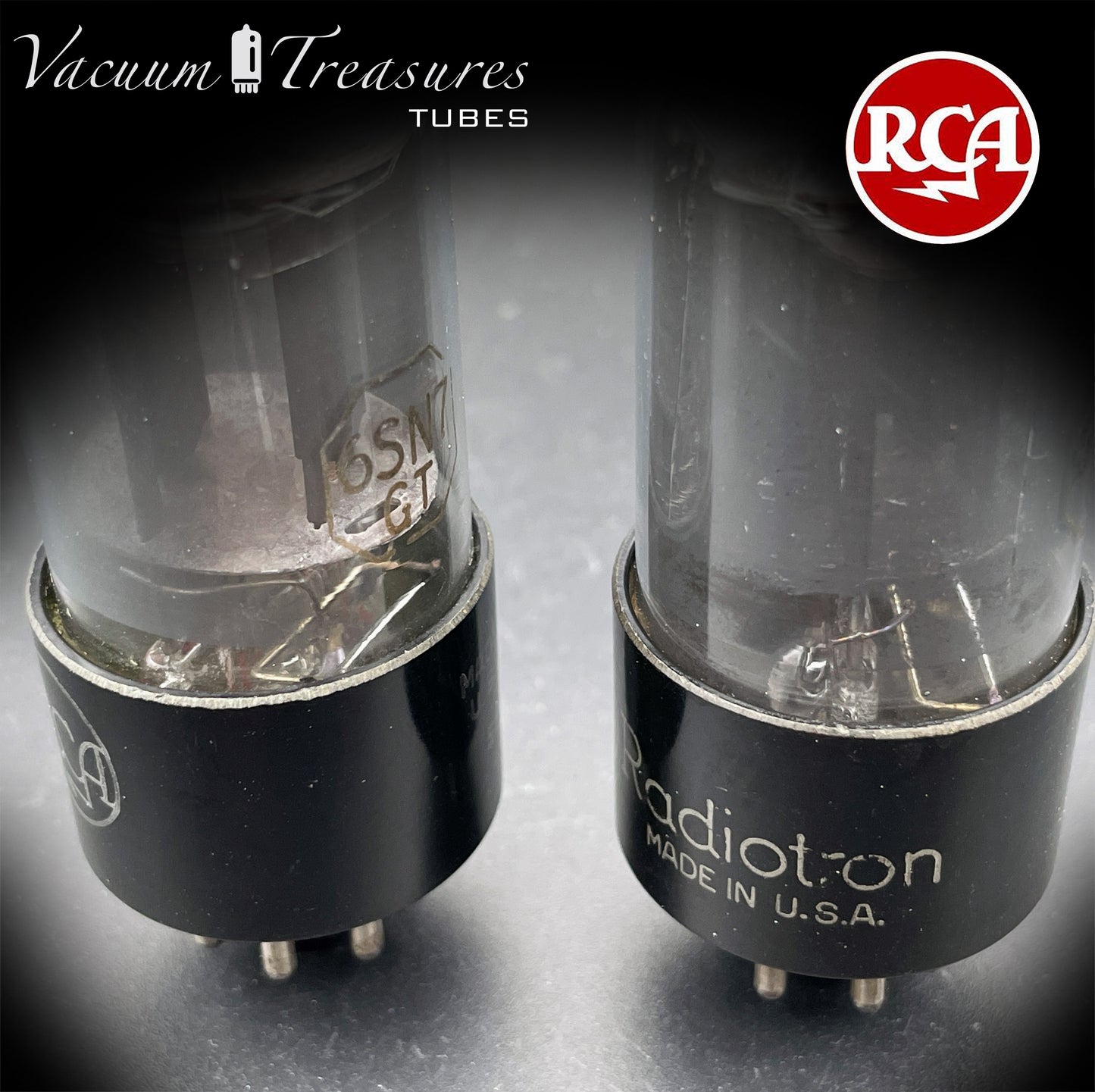 6SN7 GT RCA Radiotron Smoked Glass Matched Pair Silver Logo Black Plates D Getter AMPLITREX Tested Low Noise Tubes
