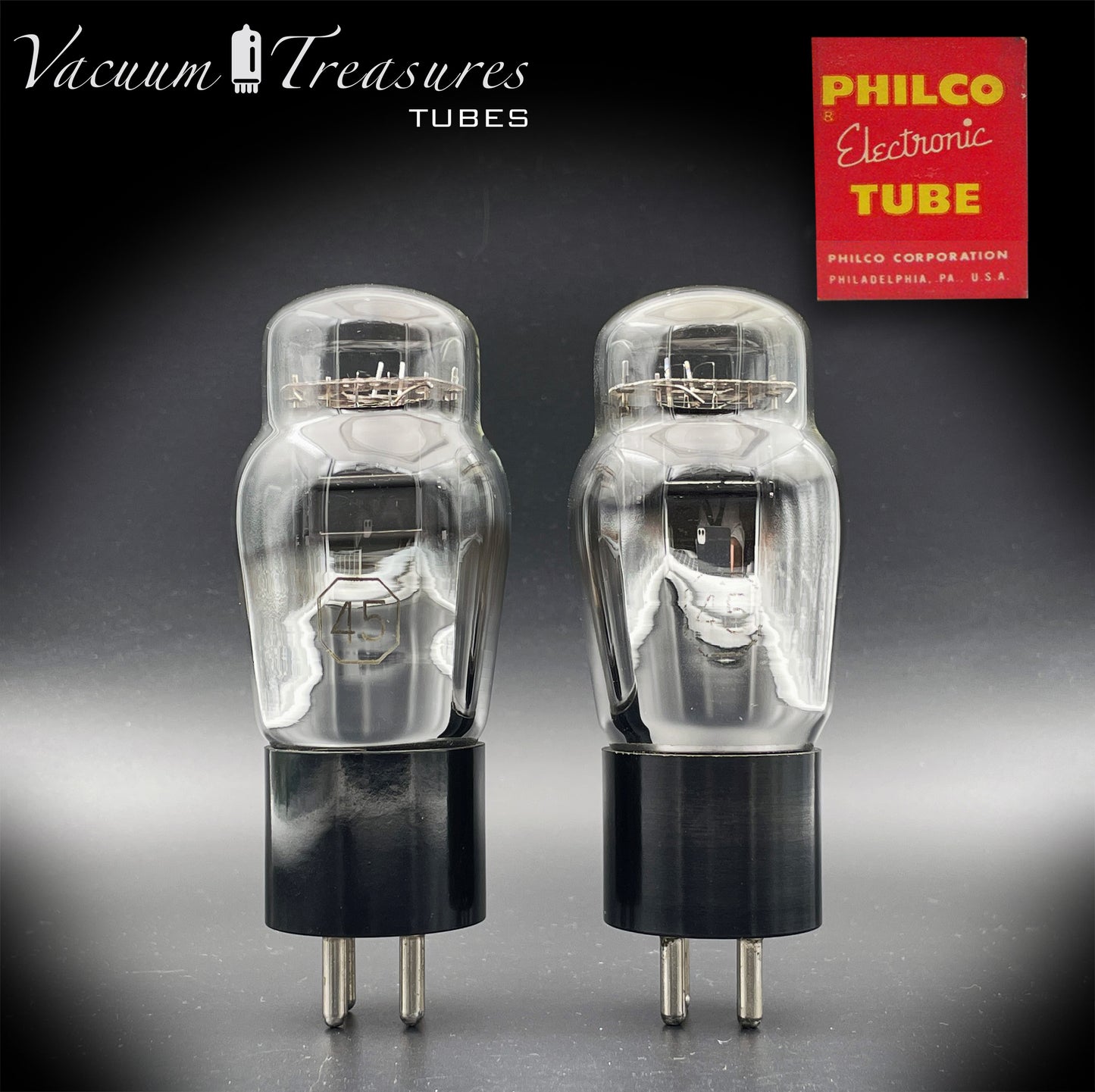 45 ST PHILCO NOS Black Plates Foil Dimpled Getter Matched Pair Tubes Made in USA 1930's