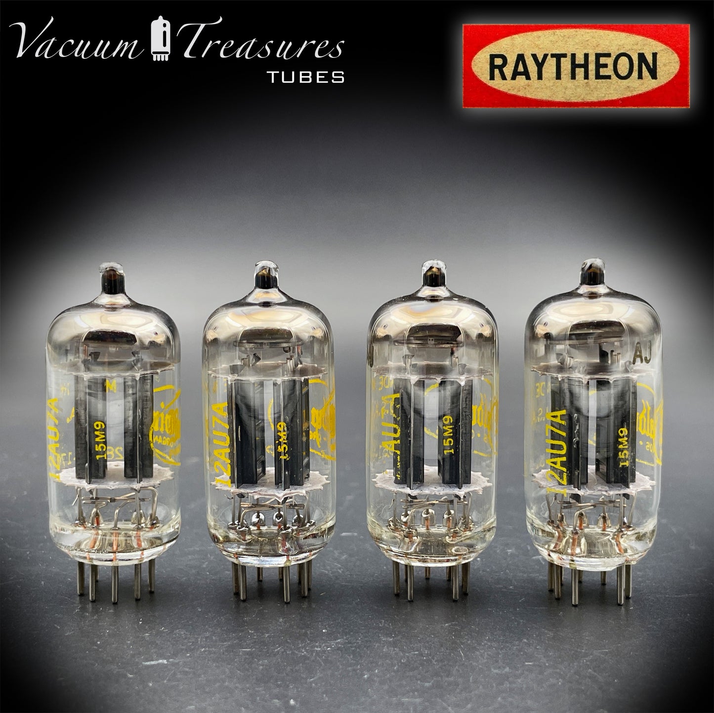 12AU7A / ECC82 NOS Baldwin by RAYTHEON Matched Quad Tubes Long Black Plates Halo Getter Made in USA '61