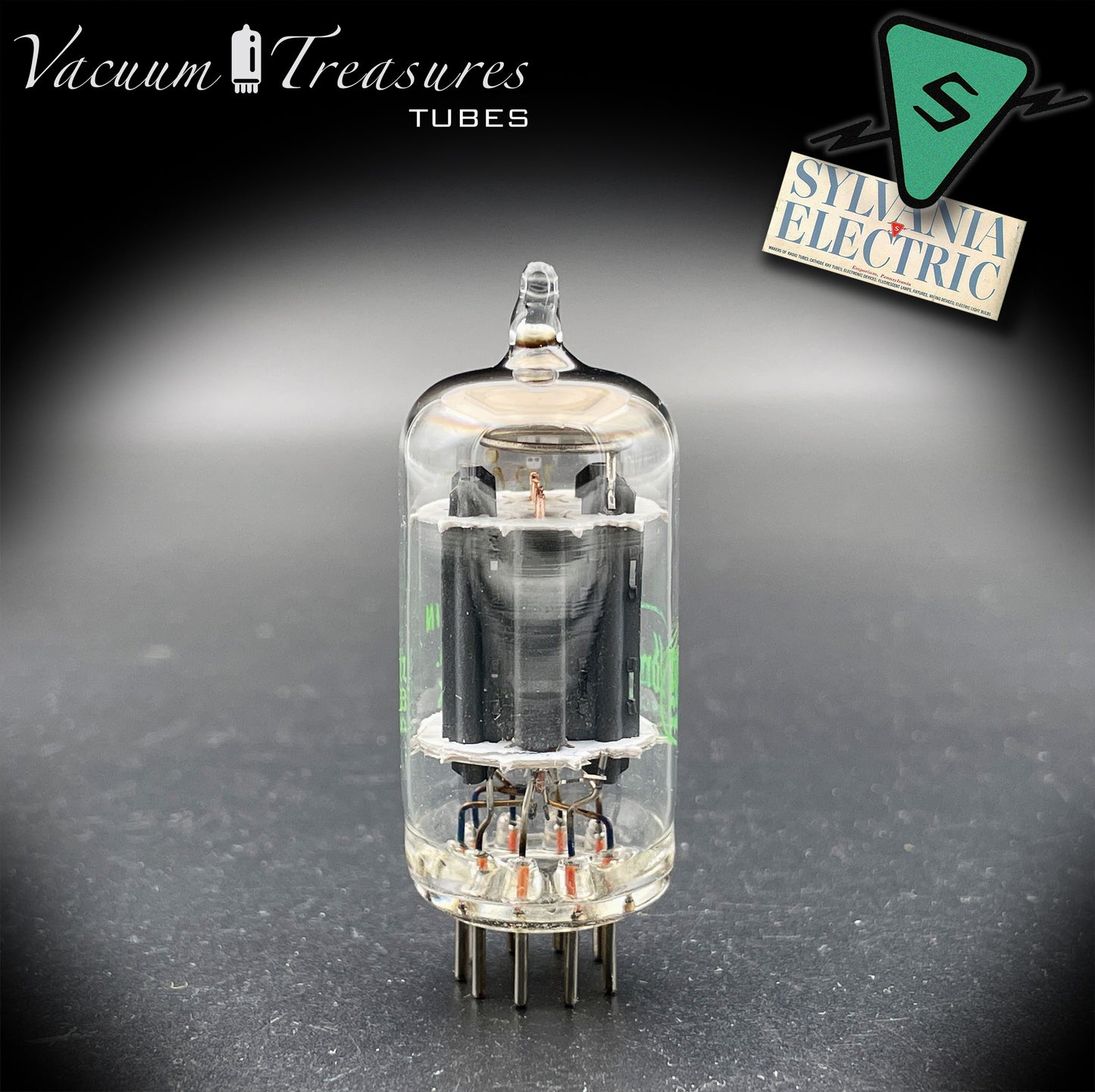 12AX7 ECC83 NOS Baldwin by Sylvania – Long Gray Plates Halo Getter Tested Tube USA 1951