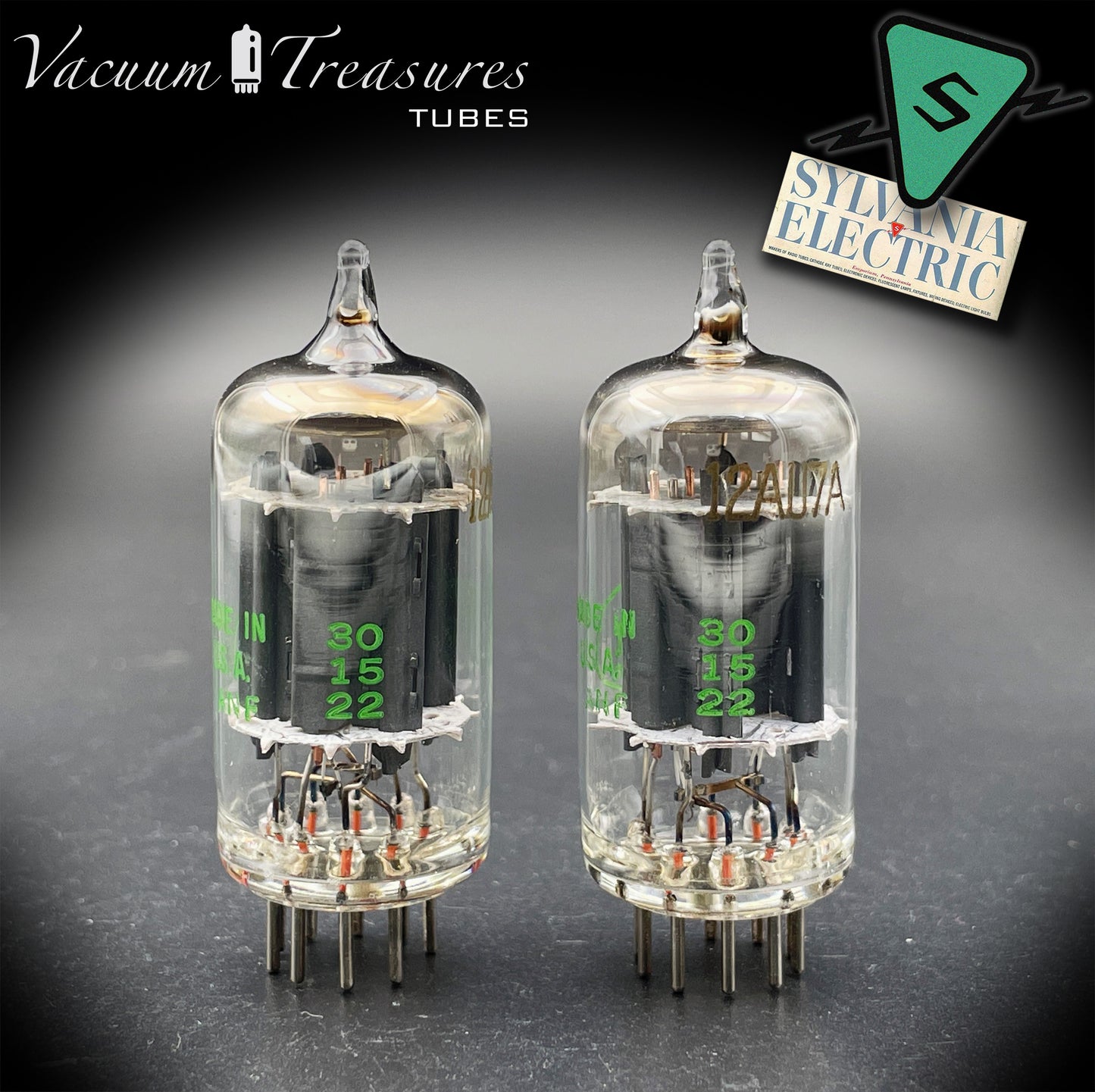 12AU7A / ECC82 NOS Baldwin by SYLVANIA Long Gray Plates Halo Getter Matched Pair Tubes Made in USA '60s