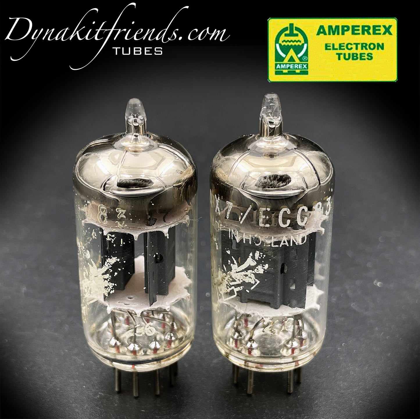 ECC83 ( 12AX7 ) Amperex Bugle Boy Short Plate Large O Getter Holland 1961 Matched Pair Valve Tubes