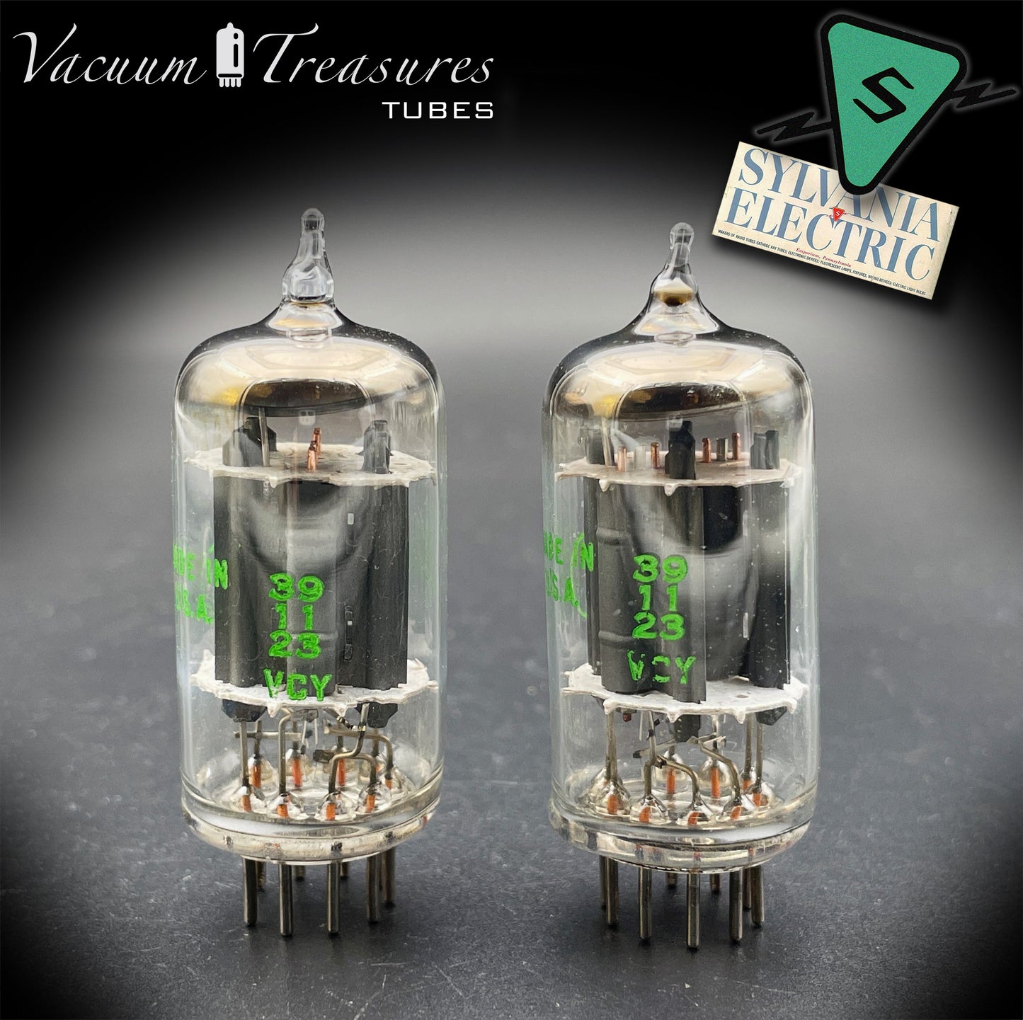 12AX7 ECC83 Baldwin by SYLVANIA – Matched Pair – Long Gray Plates Halo Getter USA 1959