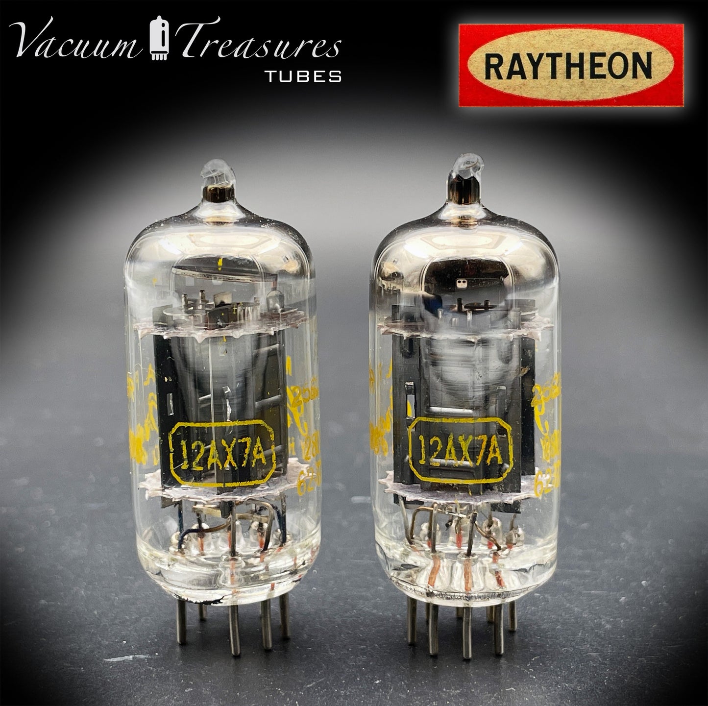 12AX7A ECC83 RAYTHEON – Matched Pair – Long Black Plates Tubes Made in USA '62