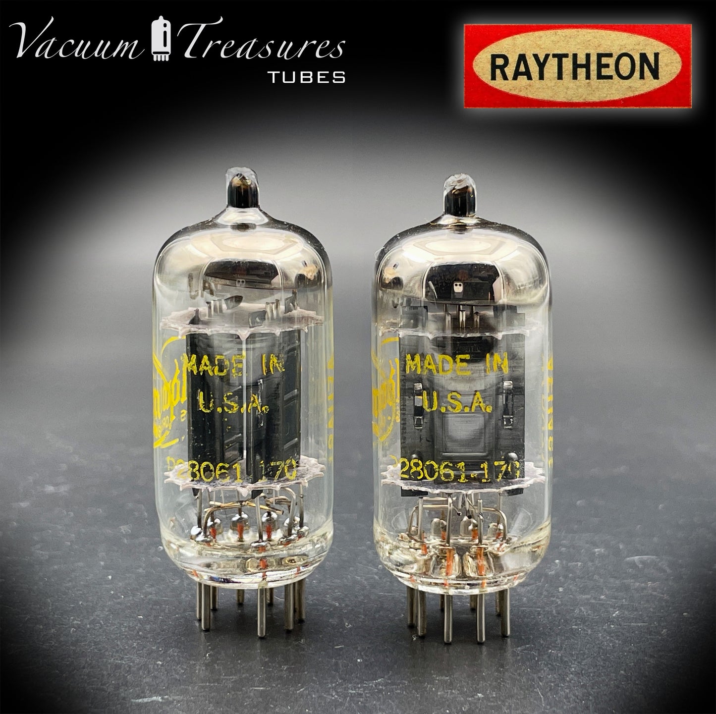12AU7A / ECC82 NOS Baldwin by RAYTHEON Matched Pair Tubes Long Black Plates Halo Getter Made in USA '61