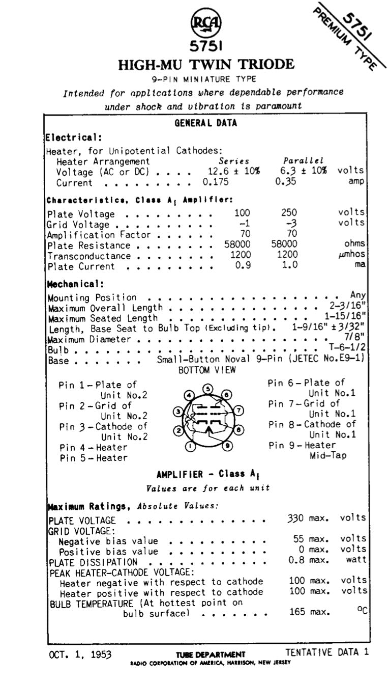 5751 RCA NOS Triple Mica Black Plates Square Getter Amplitrex Tested Tube Made in USA '50s