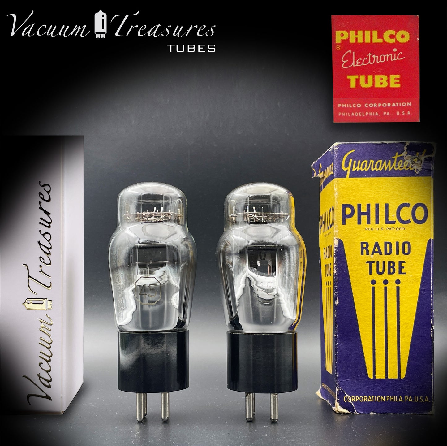 45 ST PHILCO NOS Black Plates Foil Dimpled Getter Matched Pair Tubes Made in USA 1930's