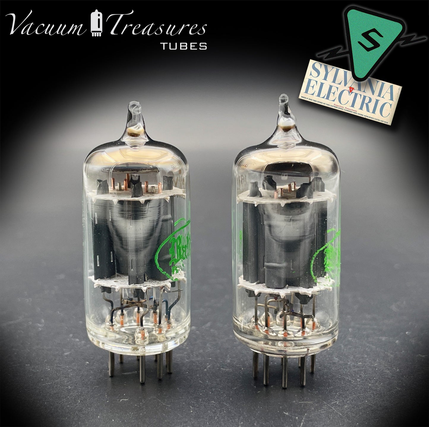 12AX7 ECC83 Baldwin by SYLVANIA – Tested Pair – Long Gray Plates Halo Getter Made in USA