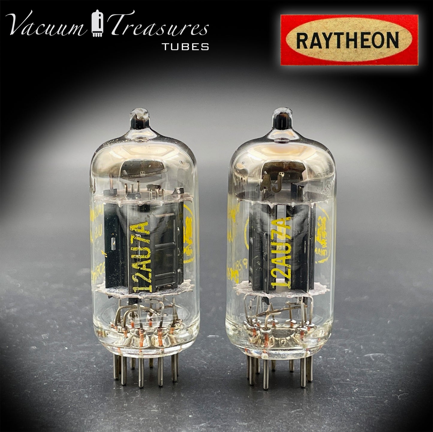 12AU7A / ECC82 NOS Baldwin by RAYTHEON Matched Pair Tubes Long Black Plates Halo Getter Made in USA '61