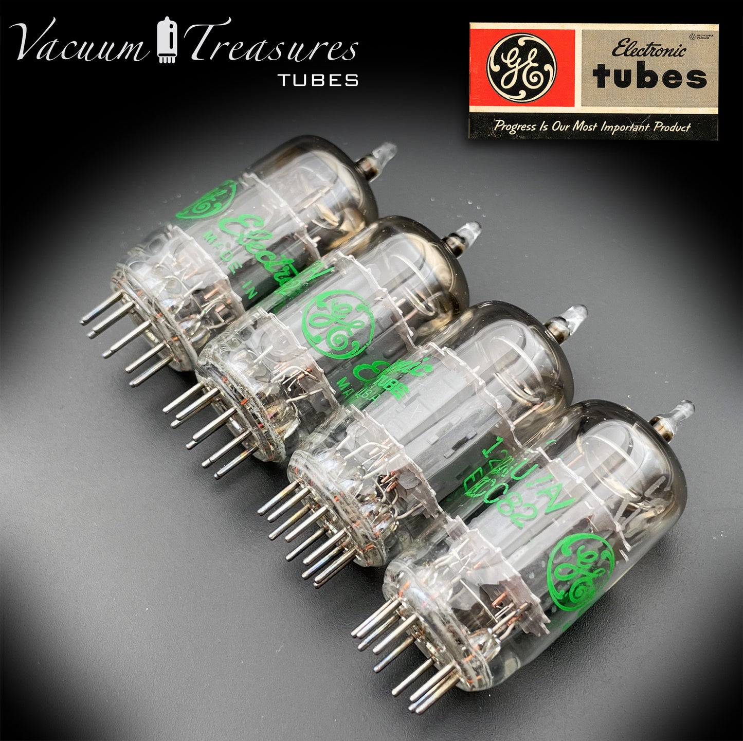 12AU7 A (ECC82) GE NOS NIB Graue Platten Halo Getter Matched Quad Tubes Hergestellt in den USA