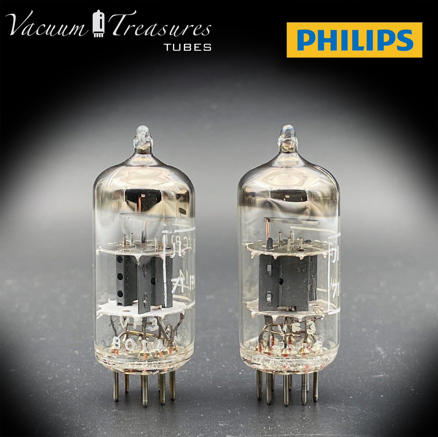 12AT7 ( ECC81 ) NOS NIB PHILIPS by Mullard, Blackburn Plant, Wing Gray Plates Halo Getter Matched Pair Tubes MADE IN GT. BRITAIN