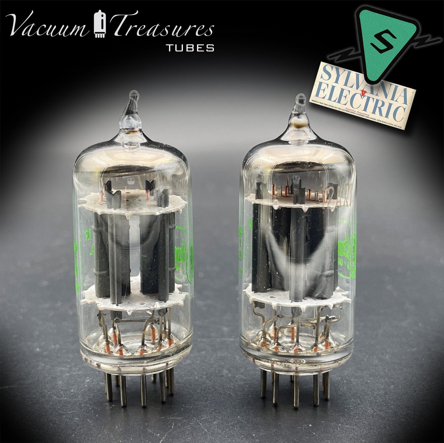12AX7 ECC83 Baldwin by SYLVANIA – Matched Pair – Long Gray Plates Halo Getter USA 1959