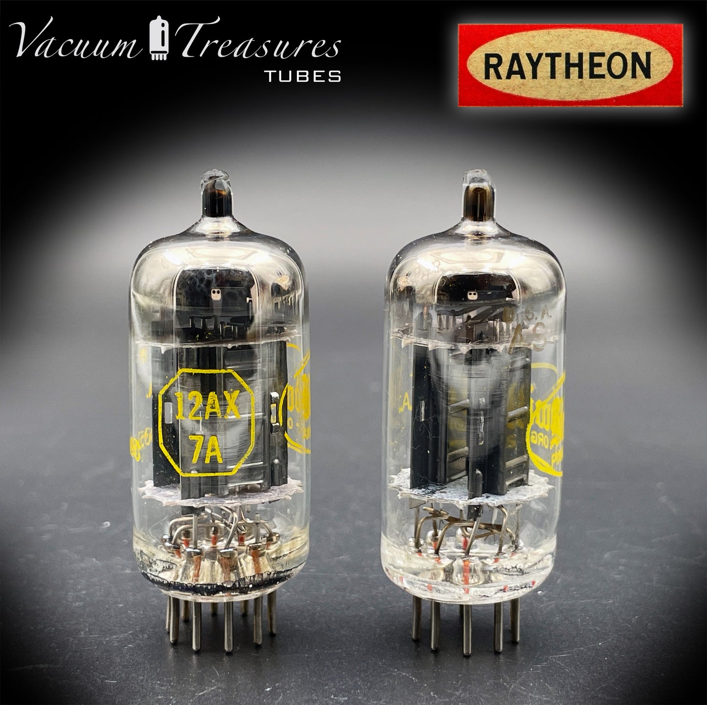 12AX7A ECC83 Baldwin RAYTHEON Matched Pair Tubes – Long Black Plates Halo Getter USA 1960s