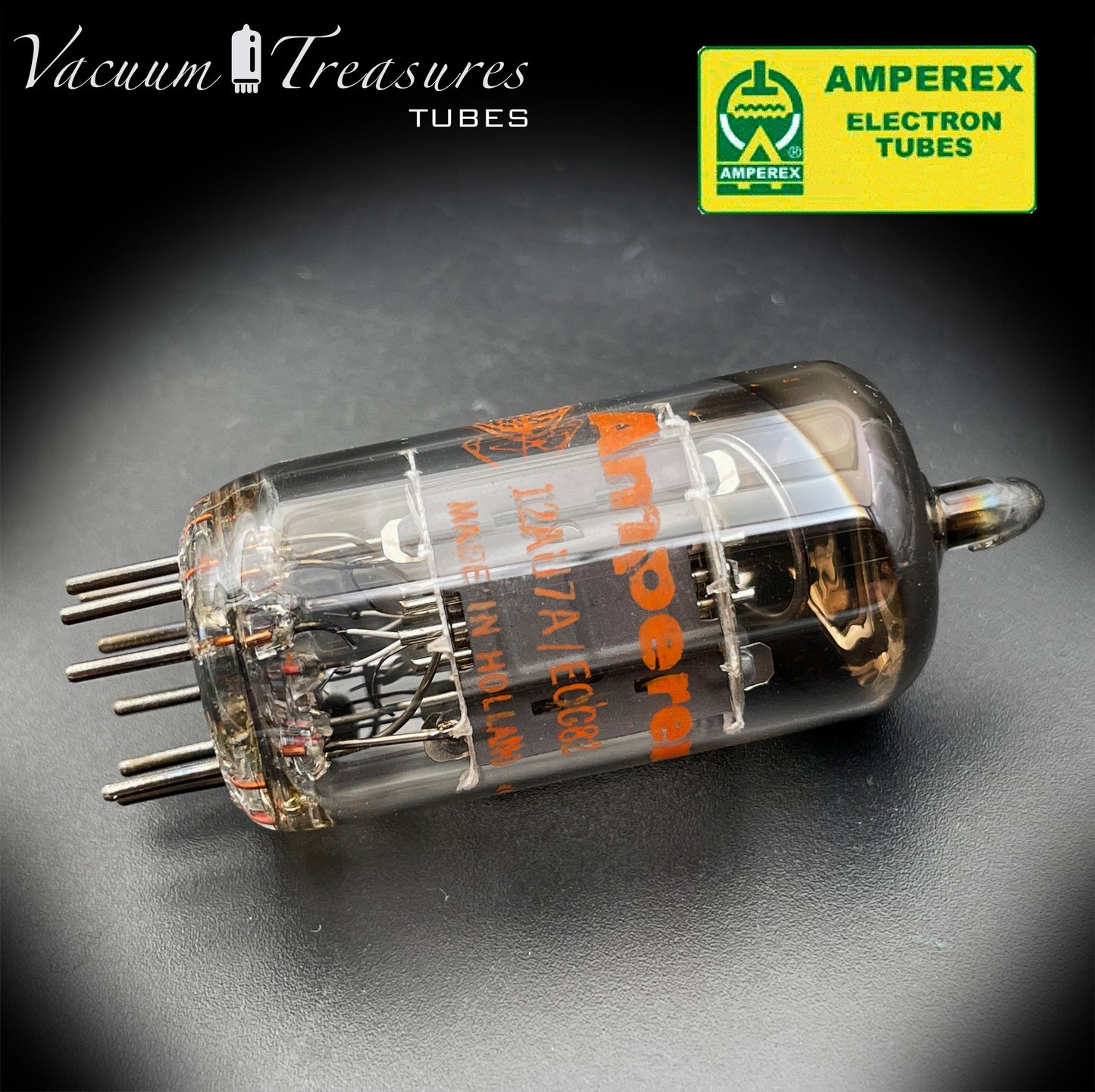 12AU7 ( ECC82 ) NOS AMPEREX Short plates 45° O Getter Balanced Triodes Tested Tube MADE IN HOLLAND
