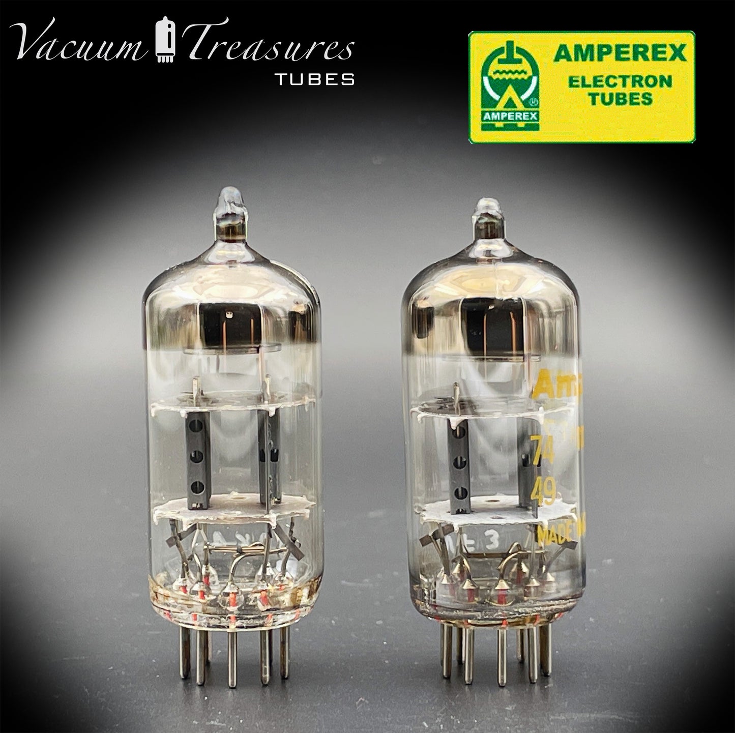 12AT7 ( ECC81 ) NOS NIB AMPEREX by Mullard, Blackburn Plant, Wing Gray Plates Halo Getter Matched Pair Tubes MADE IN GT. BRITAIN