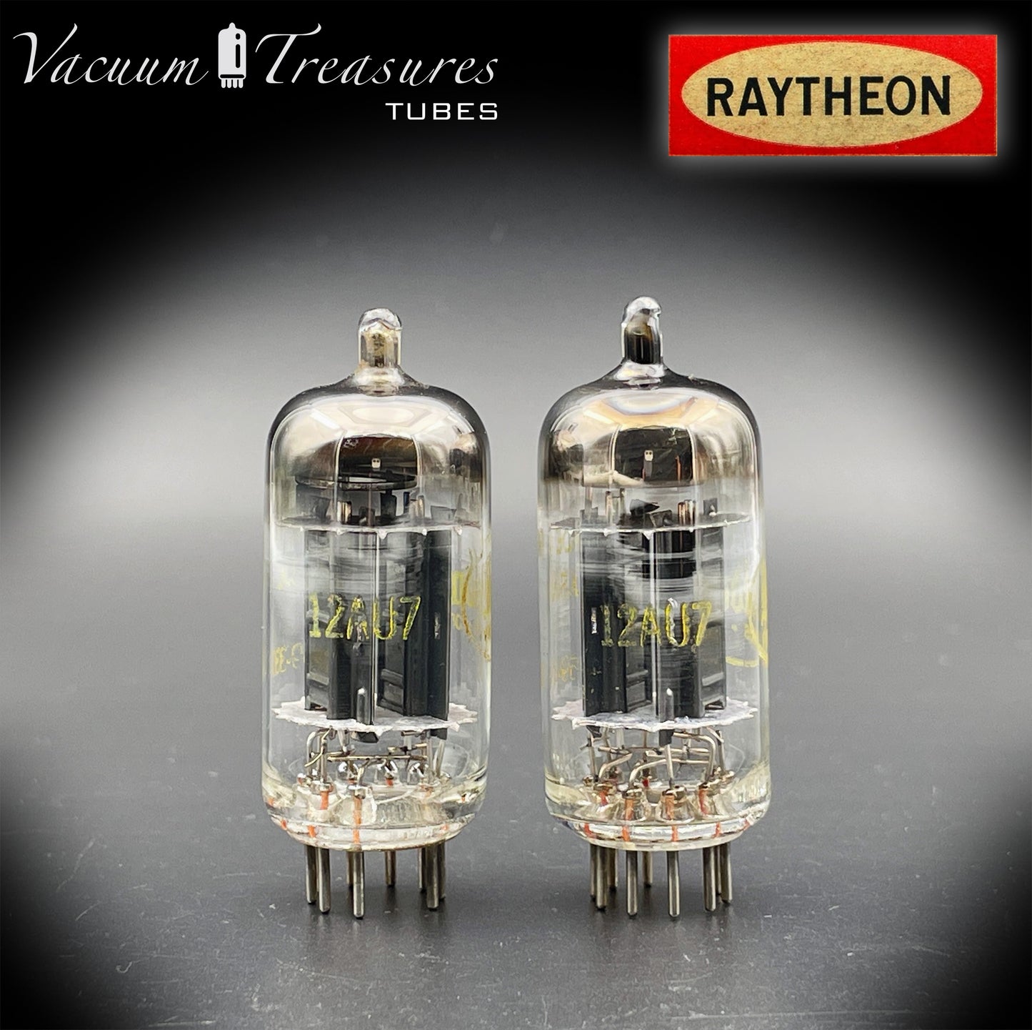 12AU7 ( ECC82 ) NOS RAYTHEON for Baldwin Long Black Plates Halo Getter Matched Tubes Made in USA '59