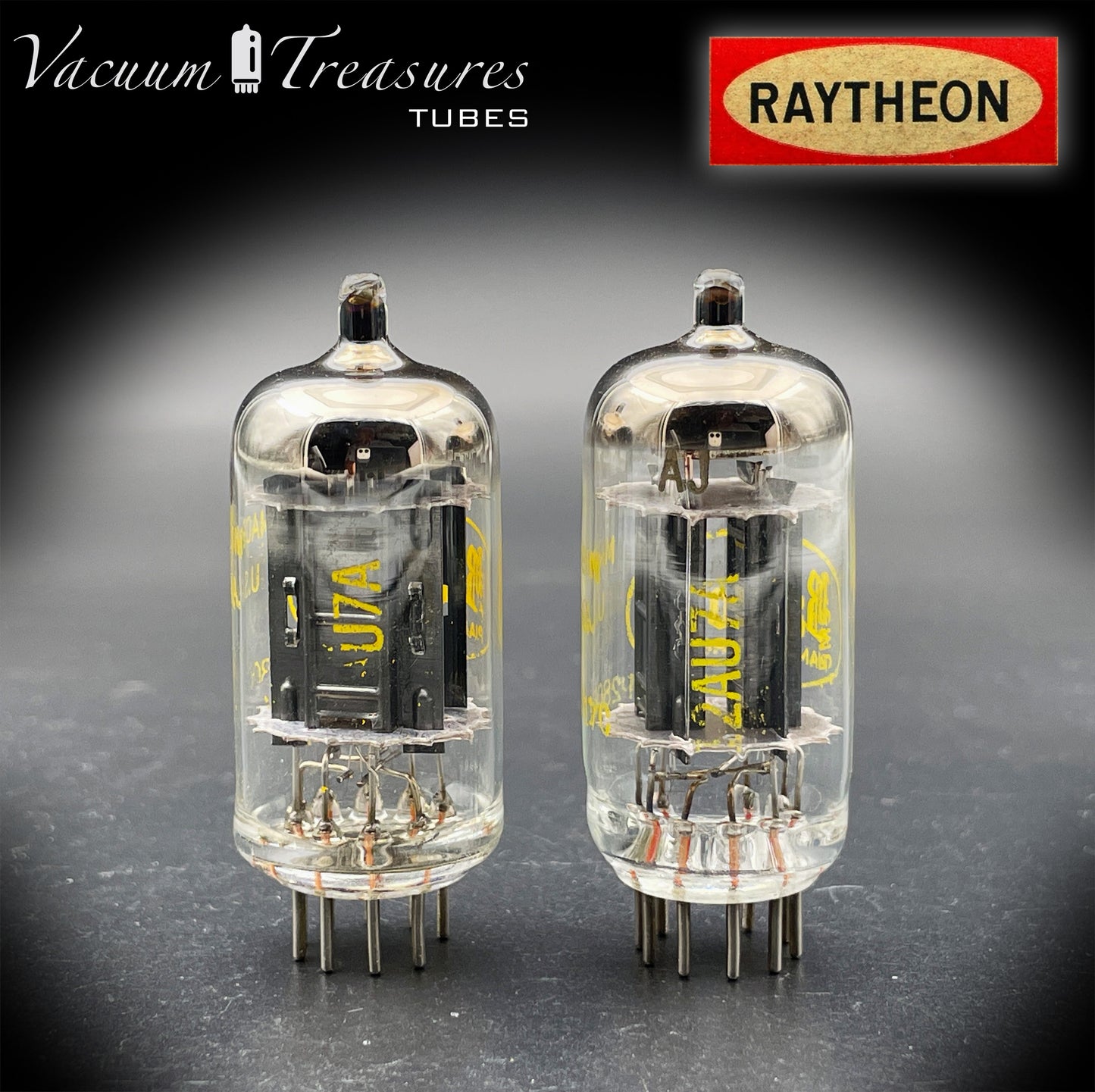 12AU7A / ECC82 NOS Baldwin by RAYTHEON Matched Pair Tubes Long Black Plates Halo Getter Made in USA '61