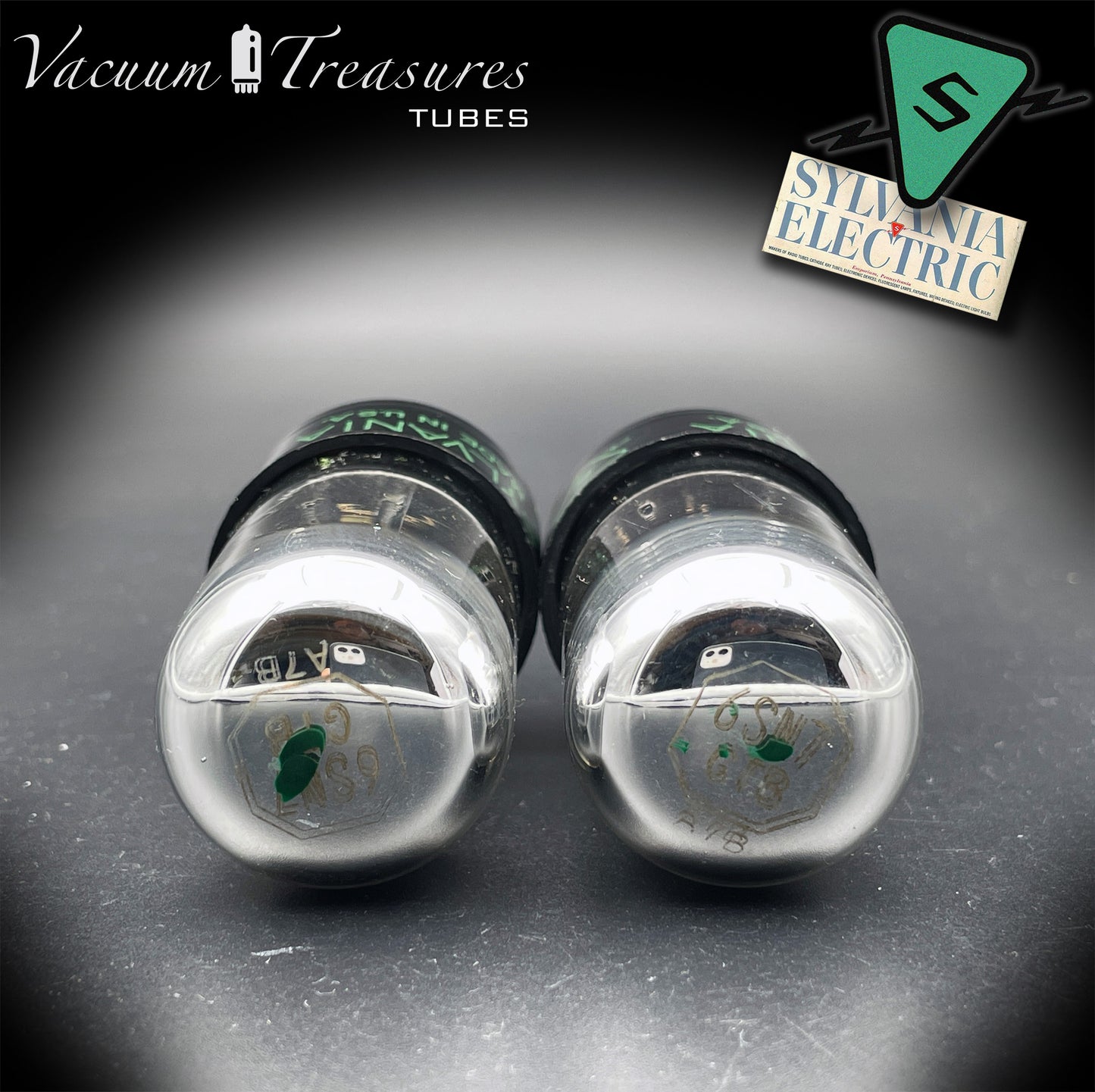 6SN7GTB NOS SYLVANIA CHROME TOP Green Dot Matched Pair Black Plates Tubes USA '50s
