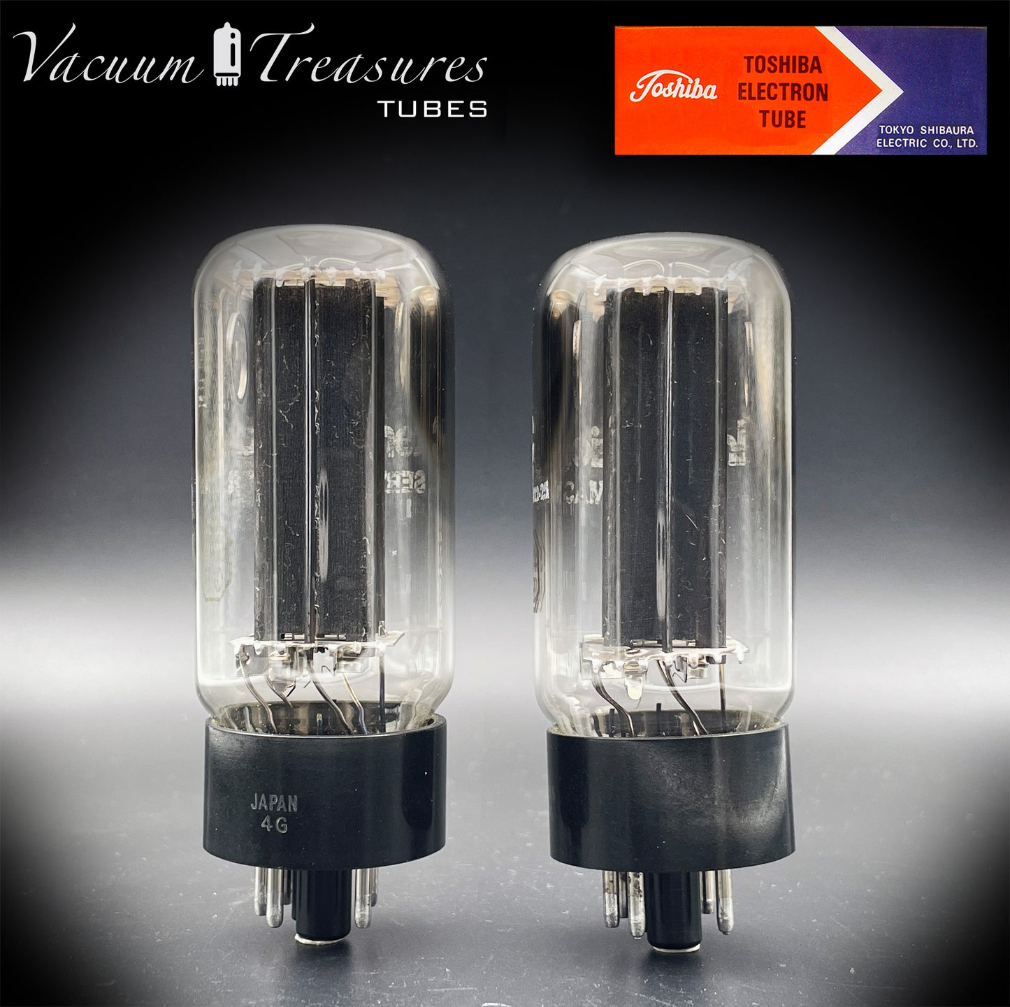5U4GB 5AS4A NOS NIB TOSHIBA/International Black Plates Matched Pair Tubes Top Side Dual Disc Getter Rectifiers Made in JAPAN